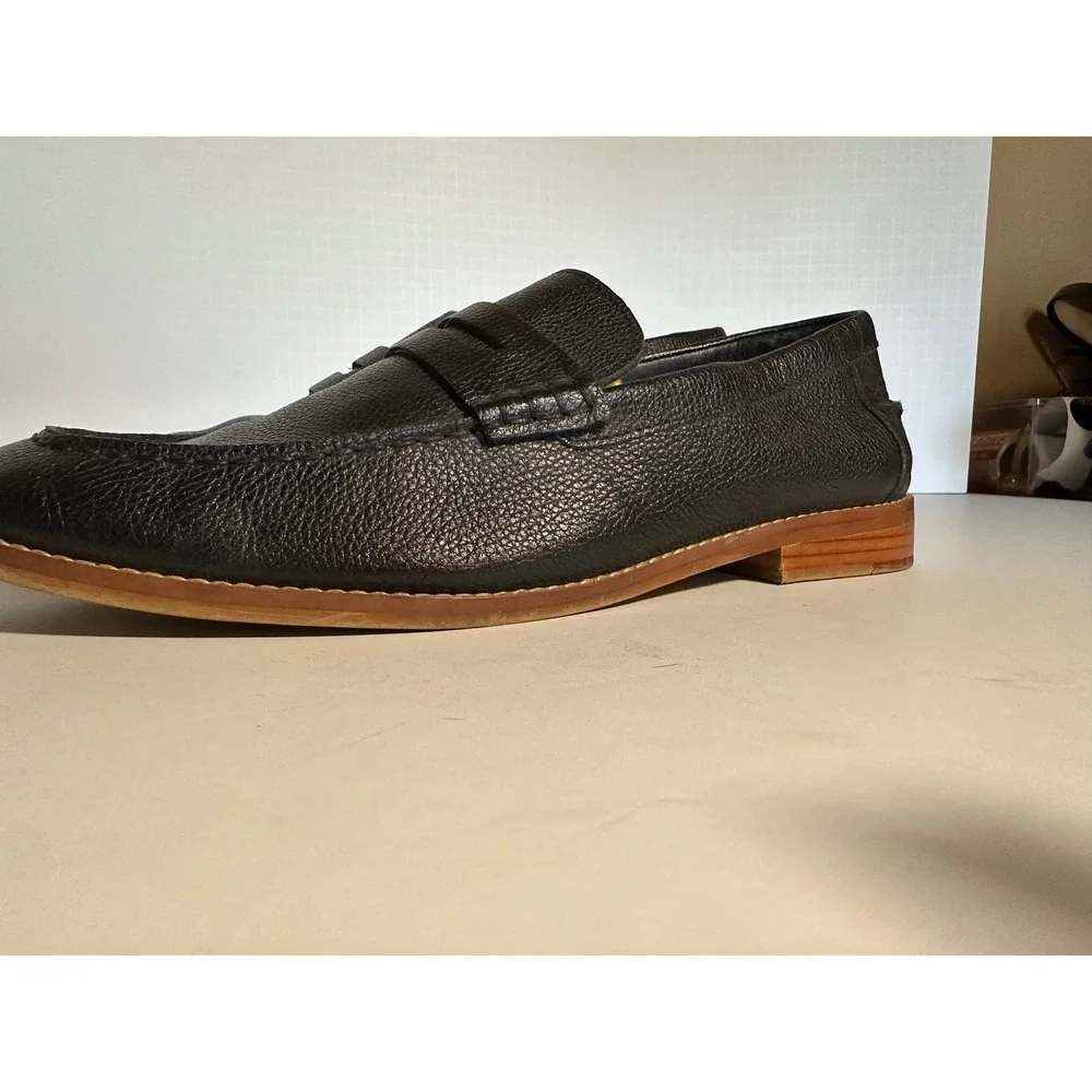 Crown Vintage Mens Black Pebbled Leather Penny Loafers Slip On Shoes